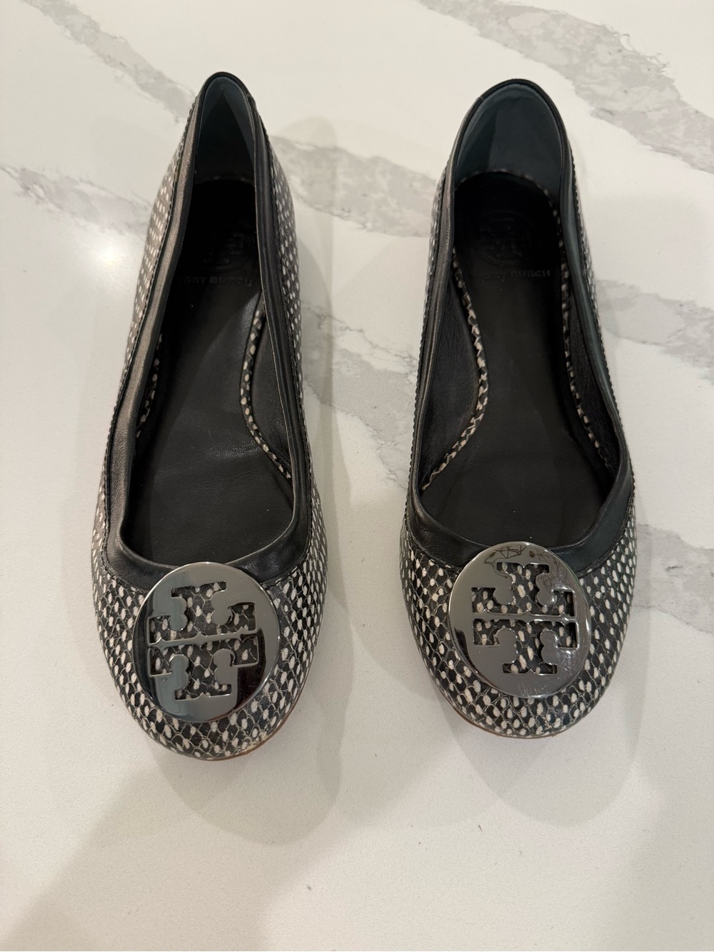 Tory Burch Black and White Patterned Logo Flats